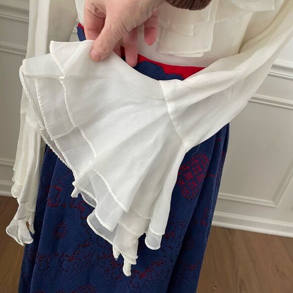 Vintage 70s Calderon Blue White Red Maxi Dress Long Sleeve S M - Picture 6 of 12